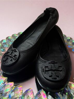 Tory Burch Black Leather Logo Ballet Flats